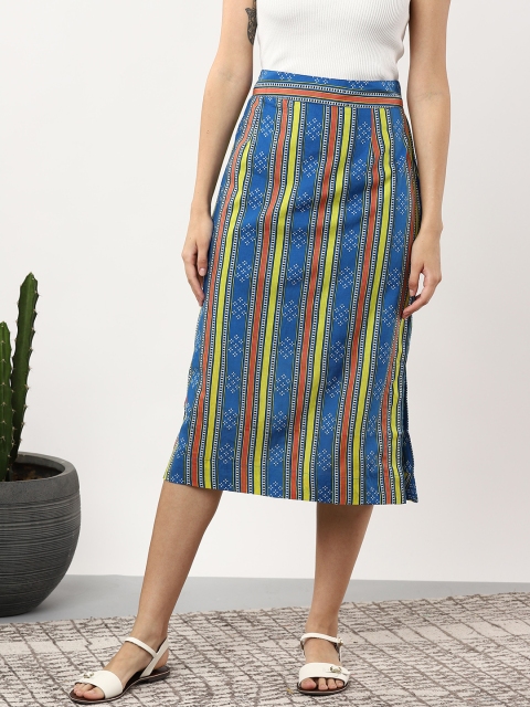 

Sangria Women Blue & Green Striped Straight Midi Pure Cotton Skirt