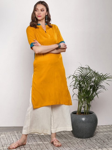 

Sangria Women Mustard & Blue Colourblocked Straight Kurta