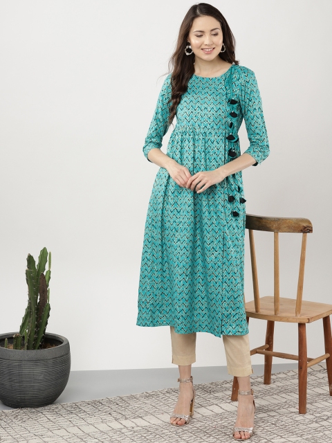 

Sangria Women Blue & Black Printed Angrakha A-Line Kurta