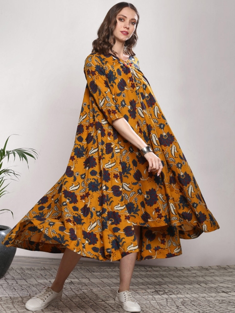 

Sangria Women Mustard Yellow & Teal Blue Printed A-Line Dress