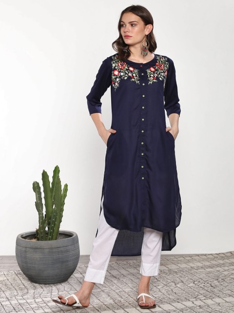 

Sangria Women Navy Blue Solid Straight Kurta