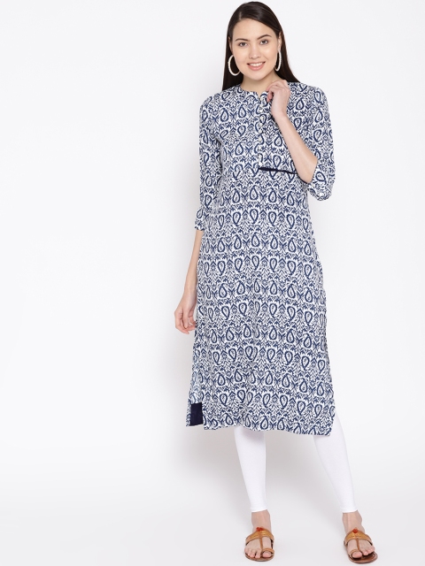 

Sangria Women Off-White & Navy Blue Printed Straight Kurta