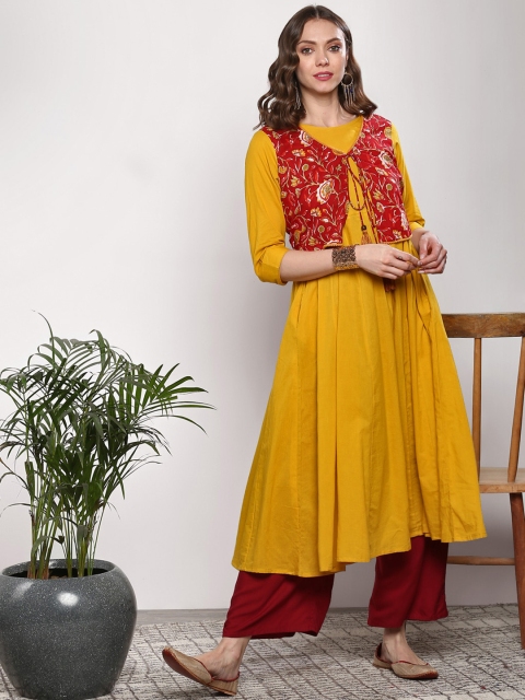 

Sangria Women Mustard Yellow & Red Solid Anarkali Kurta With Jacket