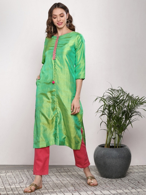 

Sangria Women Green Solid Embellished Straight Kurta