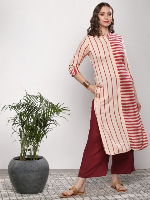

Sangria Women Beige & Red Striped Straight Kurta