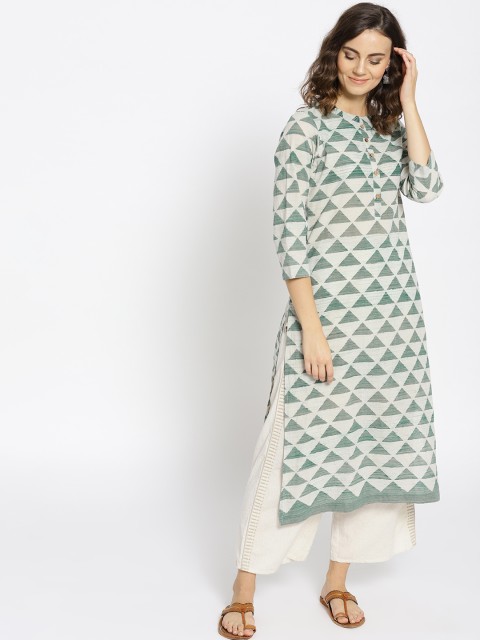 

Sangria Women Off-White & Green Printed Straight Kurta