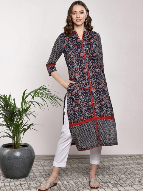 

Sangria Women Navy Blue & Red Printed Straight Kurta