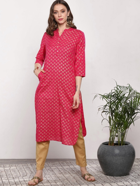 

Sangria Women Fuchsia & Gold-Toned Printed Straight Kurta