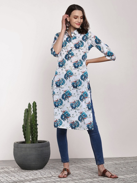 

Sangria Women White & Blue Floral Print Straight Kurta
