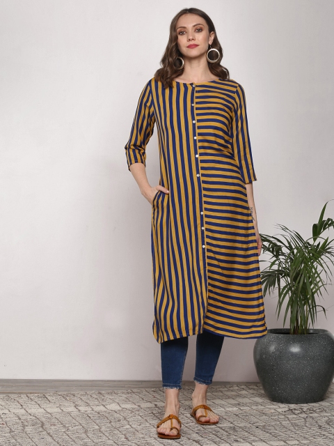 

Sangria Women Mustard Yellow & Navy Striped Straight Kurta