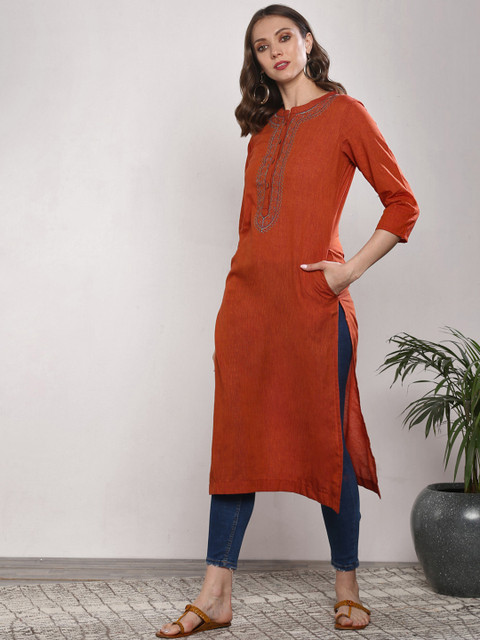 

Sangria Women Rust Solid Straight Kurta