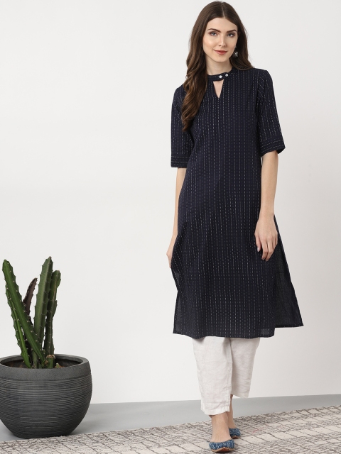 

Sangria Women Navy Blue & White Striped Straight Kurta