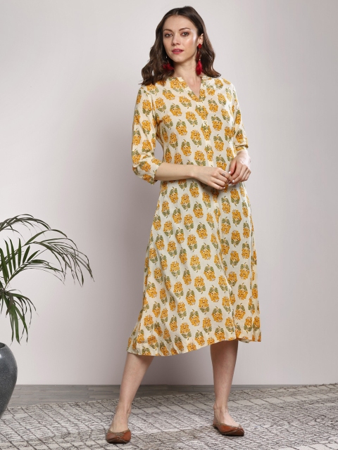 

Sangria Women Beige & Mustard Yellow Printed Midi A-Line Dress