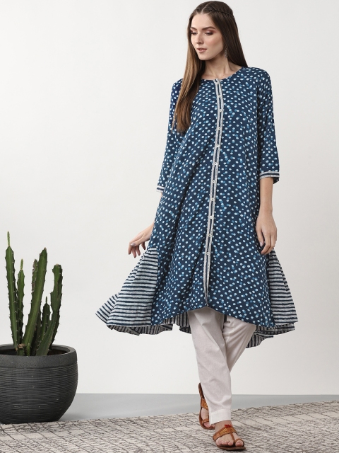 

Sangria Women Navy Blue & White Printed Asymmetric A-Line Kurta