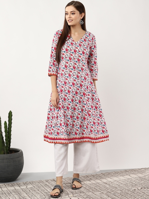 

Sangria Women White & Pink Floral Printed A-Line Kurta