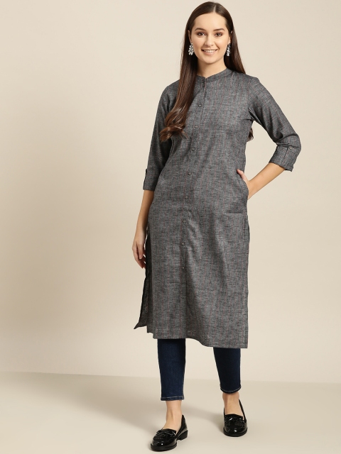 

Sangria Women Charcoal Grey & Red Striped Straight Kurta