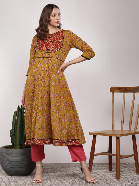 

Sangria Women Mustard Yellow & Pink Printed Anarkali Kurta