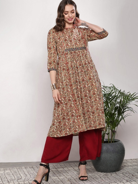 

Sangria Women Beige & Maroon Printed A-Line Kurta