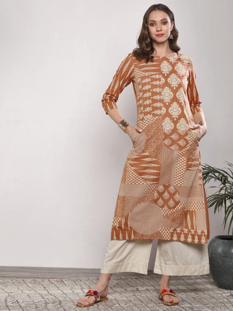 

Sangria Women Brown & Peach-Coloured Printed Straight Kurta