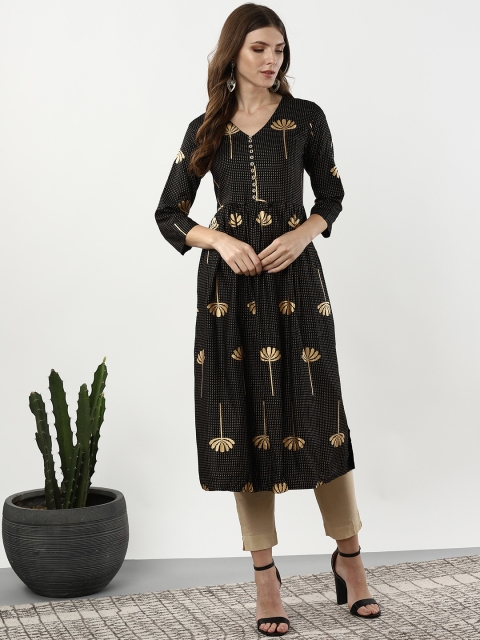 

Sangria Women Black & Golden Printed A-Line Kurta