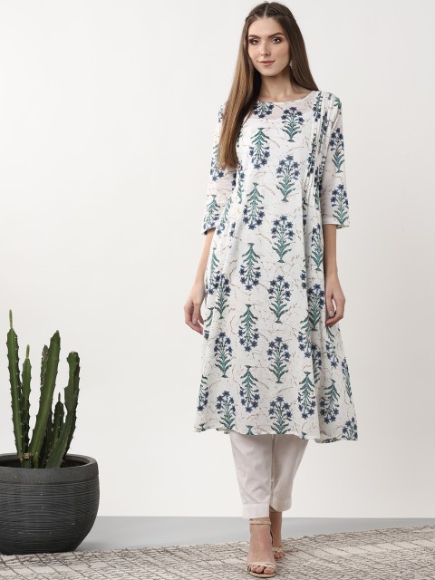 

Sangria Women White & Blue Floral Printed A-Line Kurta