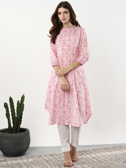 

Sangria Women White & Pink Printed A-Line Kurta