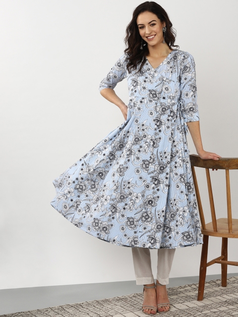 

Sangria Women Blue & White Floral Print Angrakha Kurta