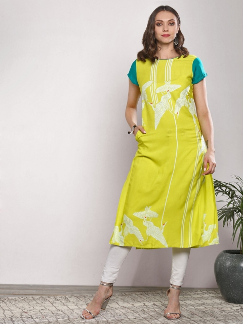 

Sangria Women Lime Green & Off-White Quirky Printed Straight Kurta