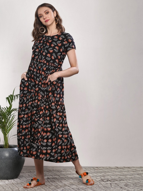 

Sangria Women Black & Orange Printed A-Line Dress