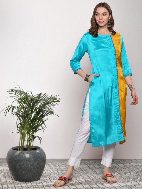 

Sangria Women Blue & Yellow Colourblocked Straight Kurta