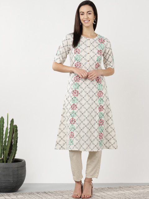 

Sangria Women Off-White & Grey Printed A-Line Kurta, Beige