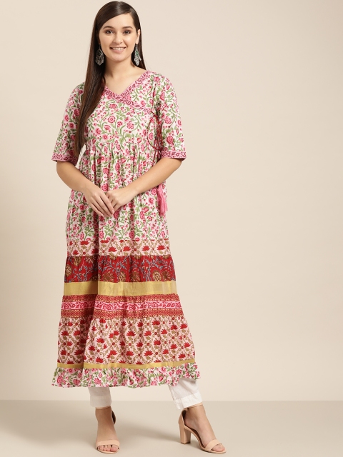 

Sangria Women Off-White & Pink Printed Tiered Angrakha A-Line Kurta
