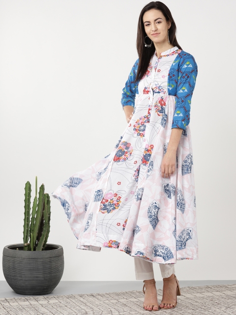 

Sangria Women White & Blue Floral Printed Empire Anarkali Kurta
