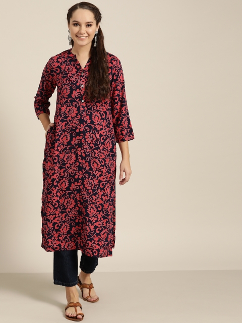 

Sangria Women Navy Blue & Pink Printed Straight Kurta