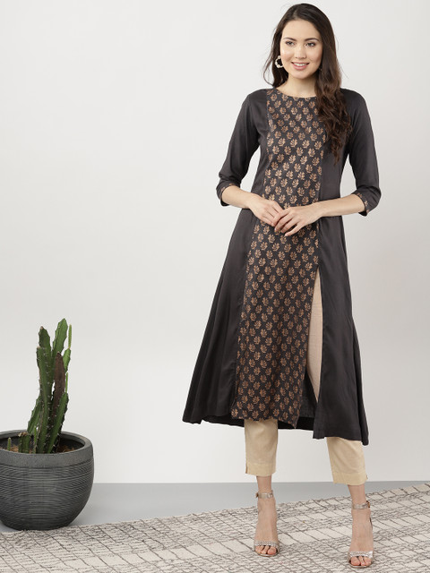 

Sangria Women Charcoal Grey & Golden Printed A-Line Kurta