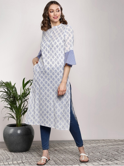

Sangria Women White & Blue Printed Straight Kurta