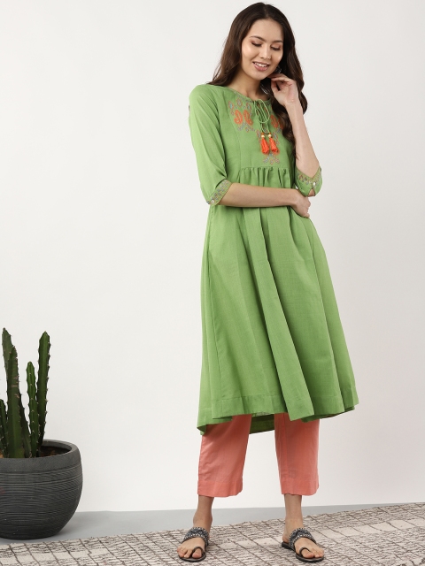 

Sangria Women Green Yoke Design A-Line Kurta