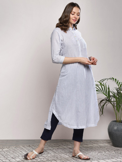 

Sangria Women White & Navy Blue Striped A-Line Kurta