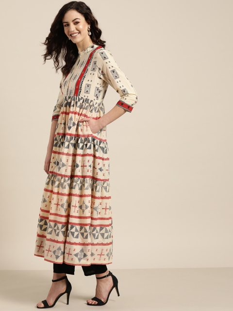 

Sangria Women Cream-Coloured & Black Printed Anarkali Kurta