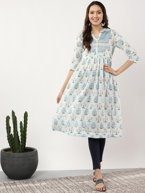 

Sangria Women Blue & Red Jamdani Printed A-Line Kurta