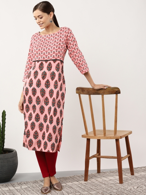 

Sangria Women Pink & Green Floral Printed Straight Kurta