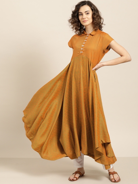 

Sangria Women Rust Orange & Green Self Striped Asymmetrical Hem Anarkali Kurta