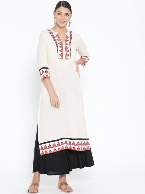 

Sangria Women Off-White & Pink Yoke Design Straight Kurta
