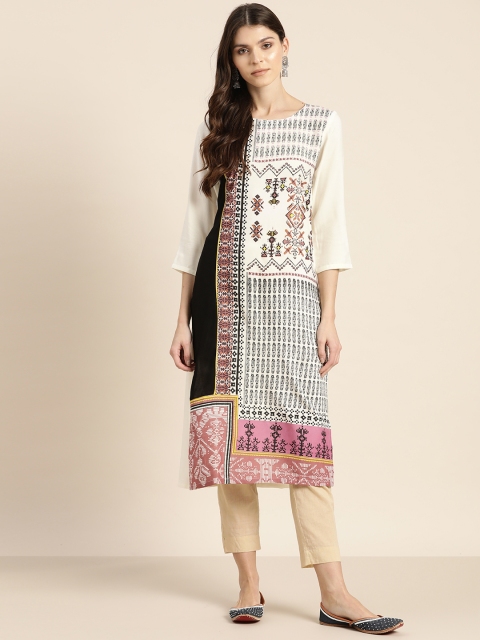 

Sangria Women Off-White & Black Printed Straight Kurta