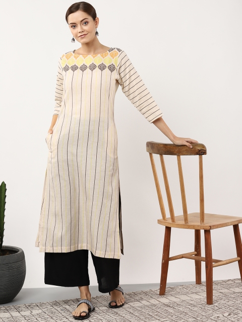 

Sangria Women Off-White & Charcoal Grey Striped Straight Kurta