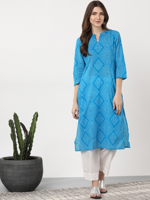 

Sangria Women Blue & White Bandhani Printed Straight Kurta
