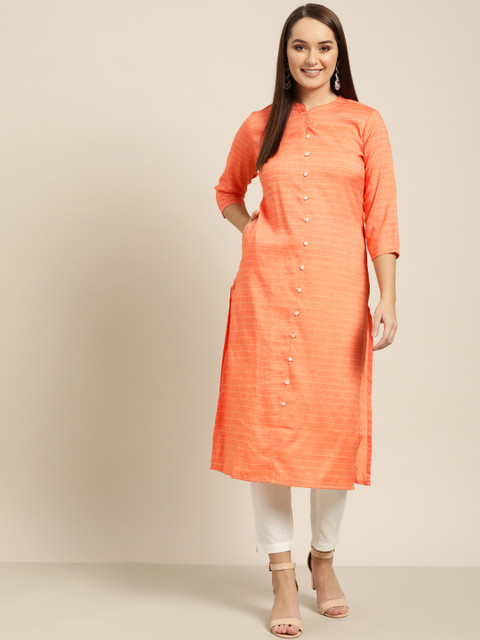 

Sangria Women Peach-Coloured & Off-White Striped Straight Kurta