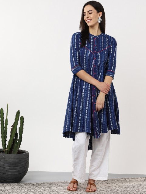 

Sangria Women Navy Blue & White Striped Anarkali Kurta