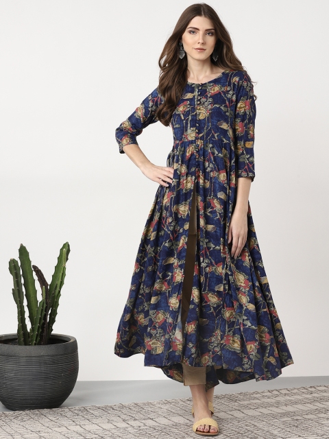 

Sangria Women Navy Blue & Green Printed High-Slit Anarkali Kurta