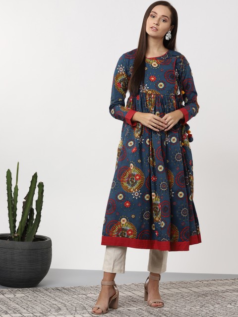 

Sangria Women Navy Blue & Red Floral Printed Wrap A-Line Kurta